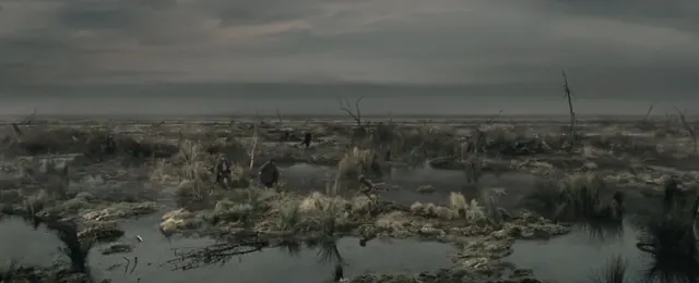Film still of a misty marsh