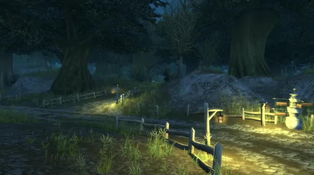 Game screenshot of a lantern-lit forest road
