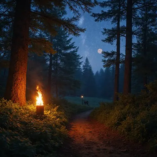 A torch lighting a forest path at night
