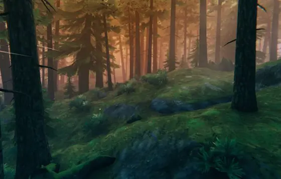 Game screenshot of a misty pine forest