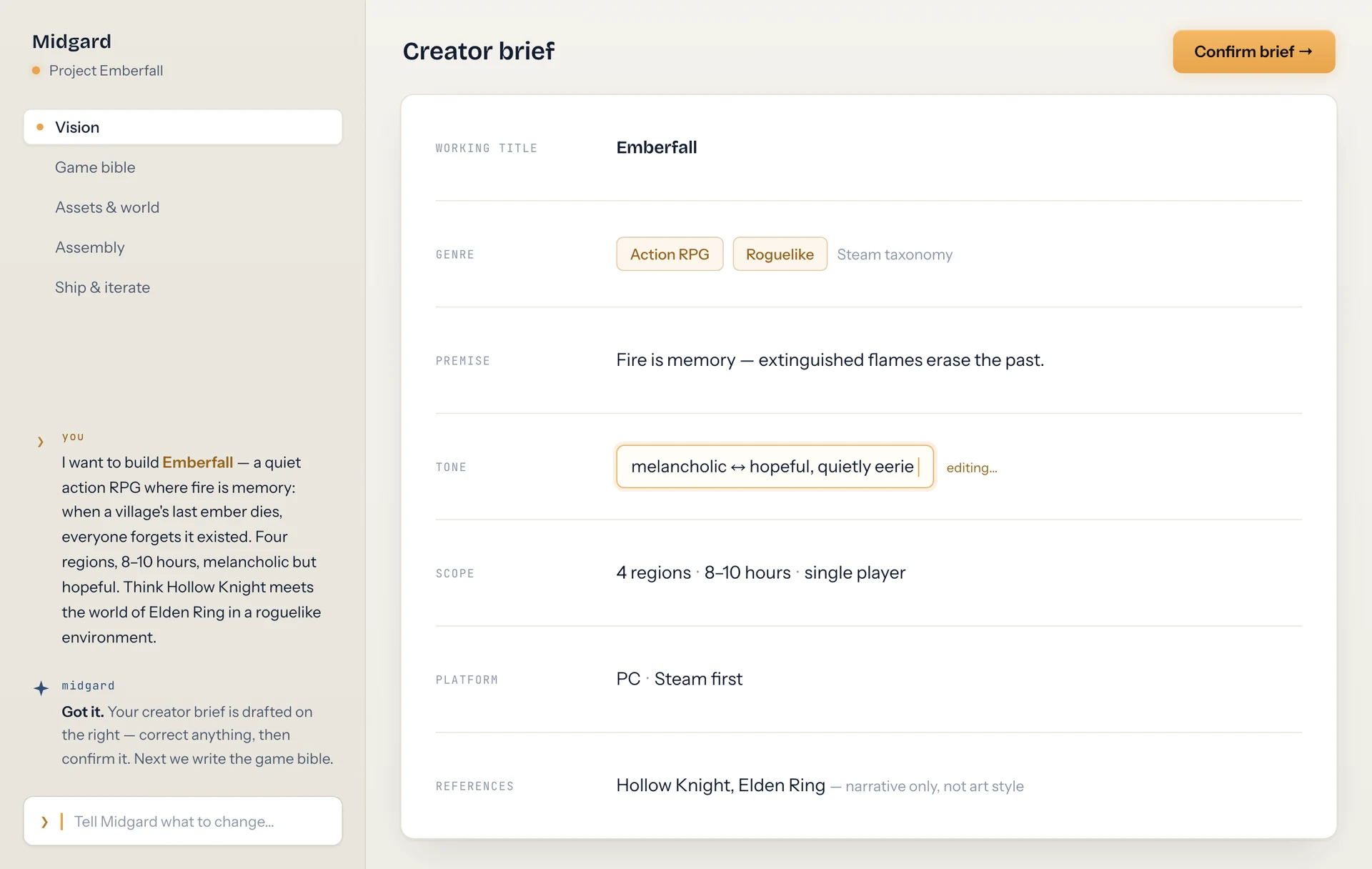 Midgard — a narrative prompt becomes a structured creator brief
