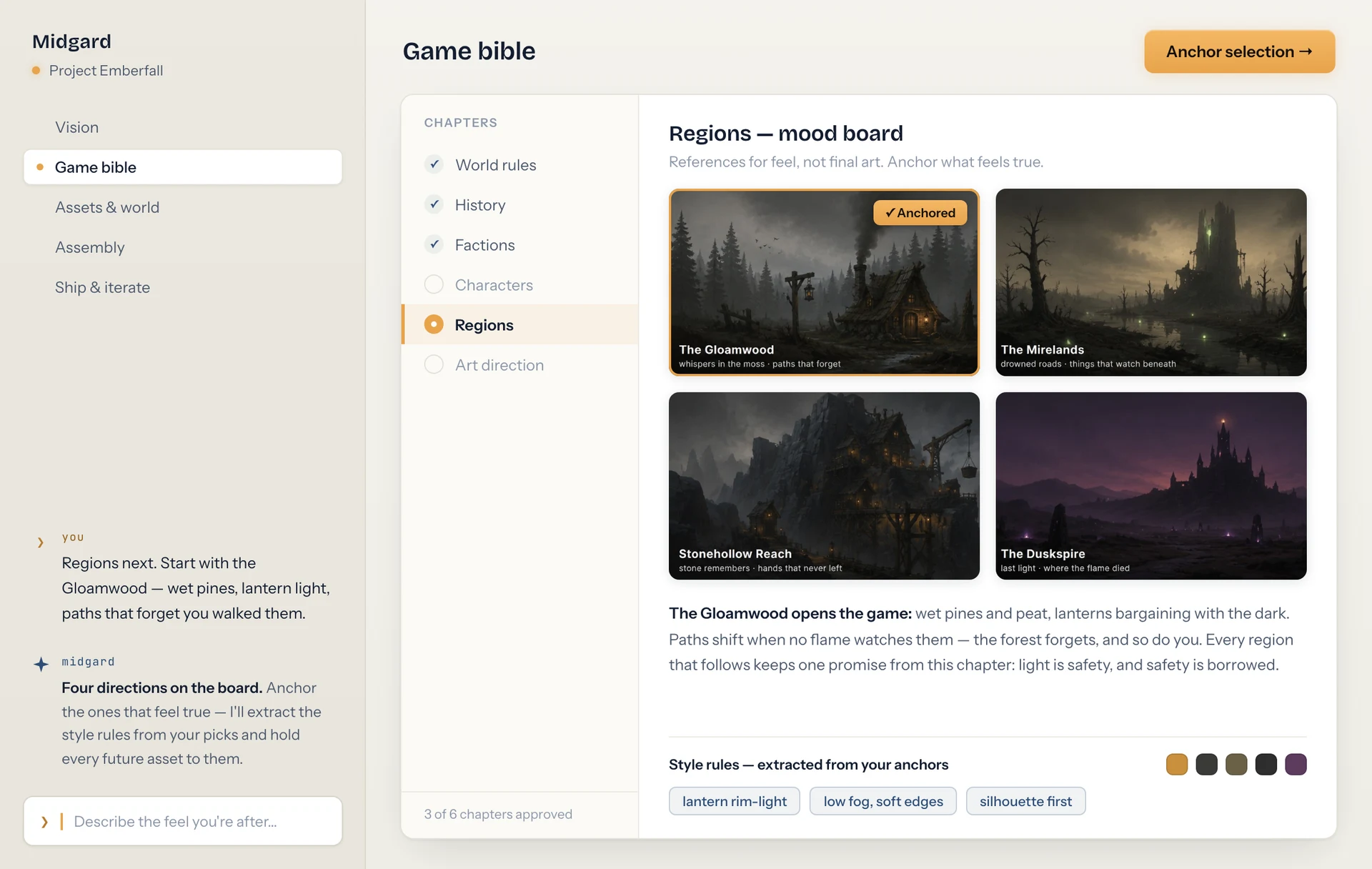 Midgard — the game bible's Regions chapter, a mood board with anchored references