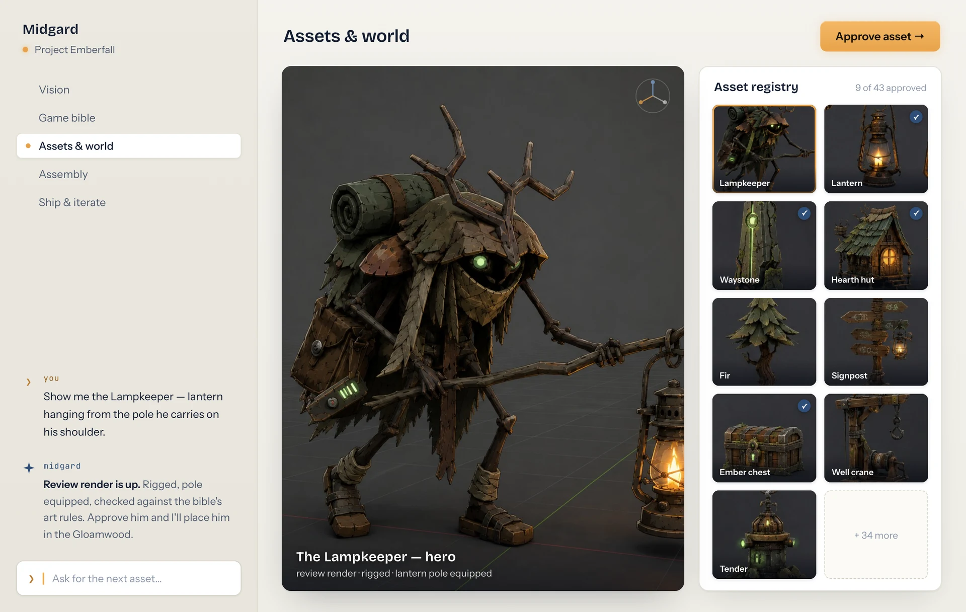 Midgard — a hero character review render beside the asset registry