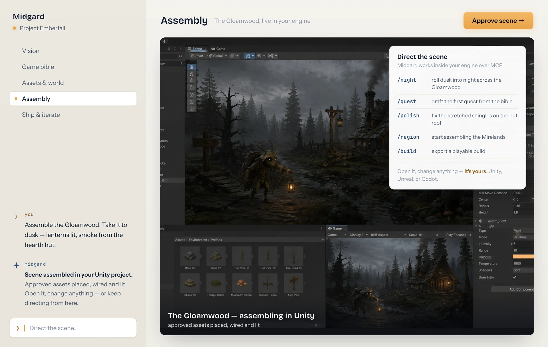 Midgard — the scene assembling inside Unity, directed by commands